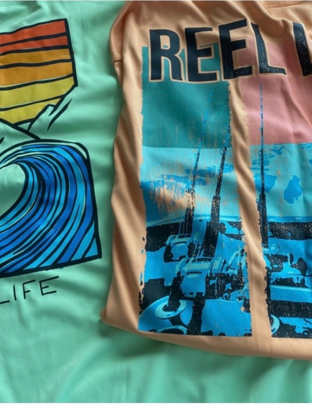 2 Men's Reel Life Sun Protection Long Sleeve Shirts Peach+Green Large/XL Tagless